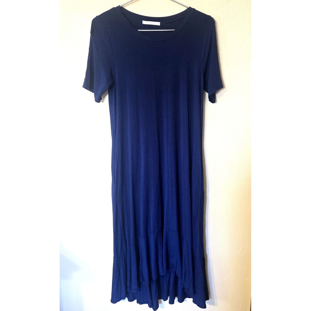 Chris & Carol Navy Blue Tee Shirt Dress with Ruffle Hem Pockets Size Med